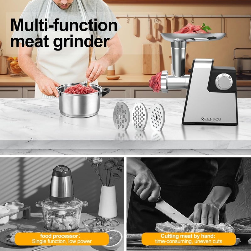 xfcnikou Electric Meat Grinder, 2800W Max Sausage Stuffer,Stainless Steel Meat Mincer With 2 Blades, 3 Plates, Sausage Tube And Kubbe Kit For Home Kitchen Use - Image 4